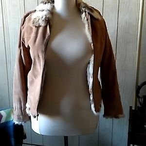 Saint John's Bay Suede/ Leather  coat with rabbit fur trim